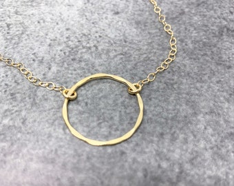 Gold circle necklace, Open circle necklace, Dainty gold karma necklace, 14 kt gold filled Hammered eternity necklace, gift for her