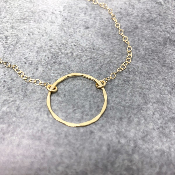 Gold circle necklace, Open circle necklace, Dainty gold karma necklace, 14 kt gold filled Hammered eternity necklace, gift for her