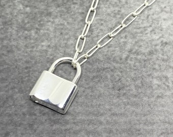 Sterling silver padlock necklace, Paperclip chain necklace lock, Elongated oval link chain, Paperclip necklace, Padlock choker, gift her