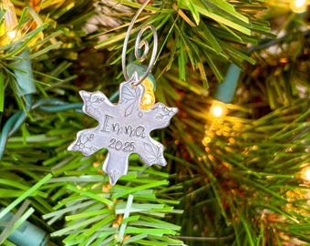Personalized Snowflake Christmas Ornament, Hand Stamped Metal Holiday Keepsake, Custom Name Ornament, Tiny snowflake ornament, Small