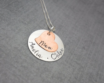 Hand Stamped Copper Heart Necklace, Custom Name Necklace, New Mom Keepsake Gift, Mother's Day Gift, Hand Stamped