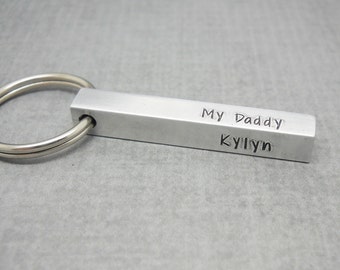 Personalized Dad Keychain: Hand Stamped 4 Sided Bar with Kids Names