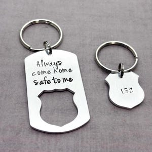 Police Officer gift, Always come home to me key chain set, Personalized Police wife jewelry, Police shield gift, Police girlfriend gift