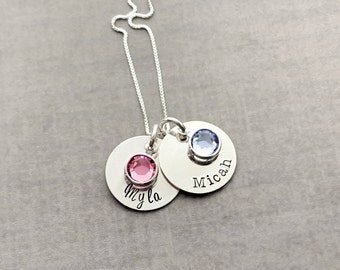 Personalized family necklace, disc necklace, Custom Name Necklace, Mother's Day Gift, Sterling silver, Gift for mom, Birthstone necklace