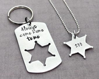 Sheriff Gift Set, Always Come Home to Me Keychain & Personalized Sheriff Star Necklace, Law Enforcement Wife Gift, Deputy Gift