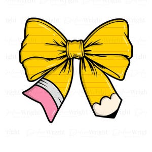 May include: A yellow pencil bow with pink eraser and yellow stripes. The bow is tied in a knot and the ends of the pencil are sharpened.