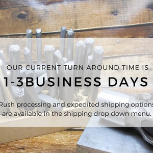 May include: A collection of metal tools, possibly for jewelry making or metal stamping, arranged in a wooden holder. The image includes text stating a 1-3 business day turnaround time.