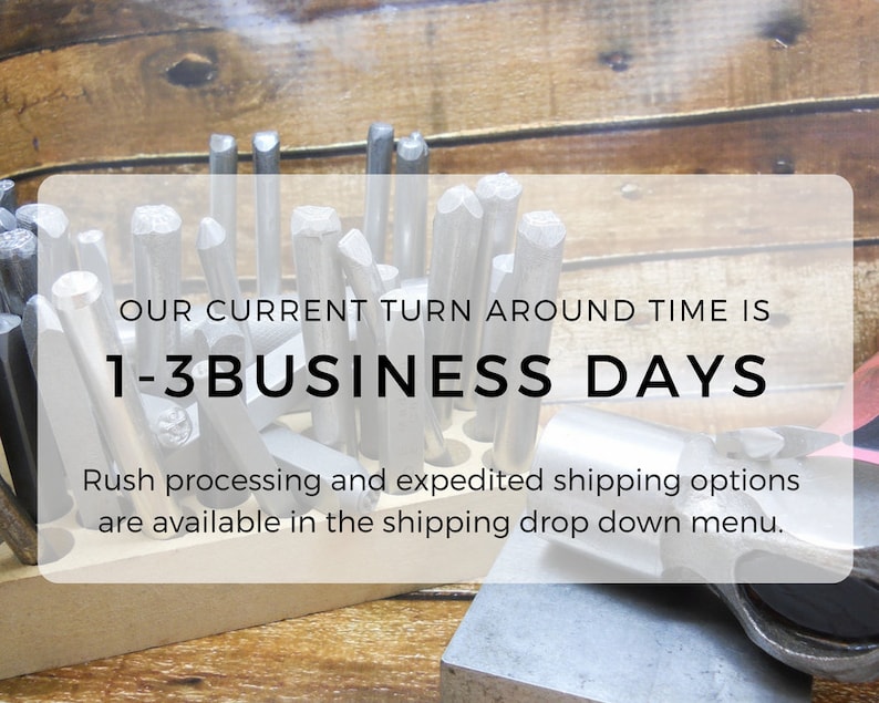 May include: A collection of metal tools, possibly for jewelry making or metal stamping, arranged in a wooden holder. The image includes text stating a 1-3 business day turnaround time.