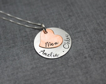 Personalized mothers necklace with kids names, Sterling silver and copper mixed metal heart necklace, Christmas gift for Grandma, Mom gift