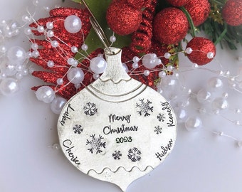 Family Christmas ornament, Pewter personalized Christmas ornaments, Custom Christmas ornament, Hand stamped ornament, Kids name ornament