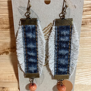 Salvaged Frayed Denim Earrings Upcycled Jewelry Natural Gemstone Beads Dangle Handmade Repurposed Recycled Eco Friendly Boho Blue Jeans