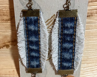 Salvaged Frayed Denim Earrings Upcycled Jewelry Natural Gemstone Beads Dangle Handmade Repurposed Recycled Eco Friendly Boho Blue Jeans
