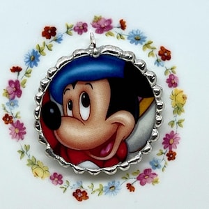 Broken China Dish Disney Mickey Mouse Sorcerer Pendant Necklace stainless steel 18&quot; chain
