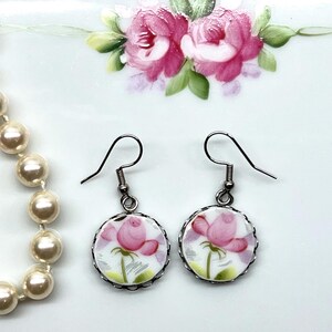 Broken Vintage Japanese China pink roses floral circular earrings