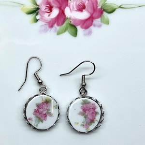Broken Vintage China pink roses earrings