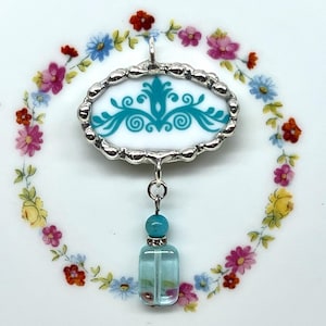 Broken China Dish Garden Lace pattern by Corning Corelle teal floral Pendant Necklace stainless steel 18&quot; chain