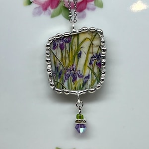 Broken China Dish vintage Knowles Nature&#39;s Garden Springtime Friends Carol Decker purple flowers Pendant Necklace stainless steel 18&quot; chain