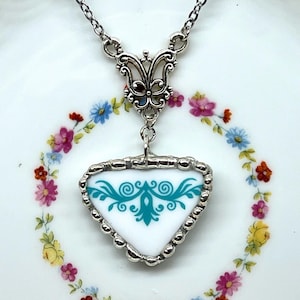 Broken China Dish Garden Lace pattern by Corning Corelle teal floral Pendant Necklace stainless steel 18&quot; chain