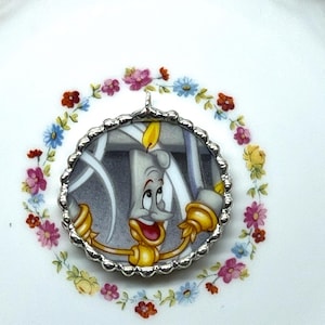 Broken China Dish Disney Lumiere Beauty and the Beast Pendant Necklace stainless steel 18&quot; chain
