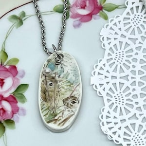 Broken China Dish Peter Rabbit Beatrix Potter Pendant Necklace stainless steel 18&quot; chain