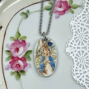 Broken China Dish Peter Rabbit Beatrix Potter Pendant Necklace stainless steel 18&quot; chain