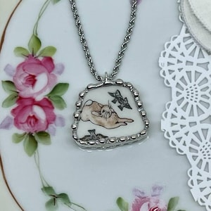 Broken China Dish Peter Rabbit Beatrix Potter Pendant Necklace stainless steel 18&quot; chain