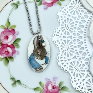 Broken China Dish Mrs. Josephine Rabbit Peter Rabbit Beatrix Potter Pendant Necklace stainless steel 18&quot; chain