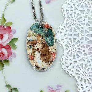 Broken China Dish Benjamin Bunny Peter Rabbit Beatrix Potter Pendant Necklace stainless steel 18&quot; chain