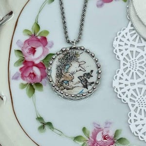 Broken China Dish Peter Rabbit Beatrix Potter Pendant Necklace stainless steel 18&quot; chain