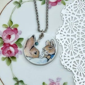 Broken China Dish Peter Rabbit Mrs. Josephine Rabbit Beatrix Potter Pendant Necklace stainless steel 18&quot; chain