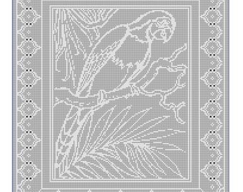 Parrot filet crochet pattern graph curtain afghan bedspread wall hanging Item 2015