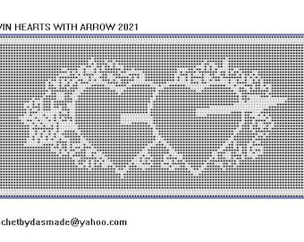 Artículo 2021 Patrón de crochet de filete Twin Hearts, afgano, regalo de boda, descarga digital en PDF para San Valentín