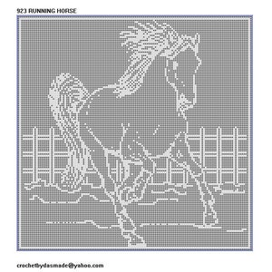 May include: A pixelated image of a running horse, rendered in white against a gray background. The horse is depicted in mid-stride, with its mane flowing. The text "923 RUNNING HORSE" is at the top, and "crochetbydasmade@yahoo.com" is at the bottom.