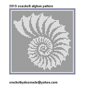 May include: A black and white crochet pattern for a seashell afghan. The pattern is made up of small squares and triangles. The text "2019 seashell afghan pattern" is at the top of the image. The text "crochetbydasmade@yahoo.com" is at the bottom of the image.