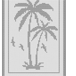May include: Black and white pixel art design of a palm tree scene. The image is titled "Palm Tree Scene" and "Crochet by Dasmade".