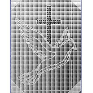 May include: Black and white cross and dove design with a white background. The design is made up of small squares. The text "CROSS AND DOVE 150A" is at the top of the image.