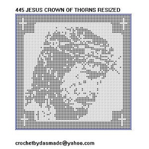 May include: A black and white pixelated image of Jesus wearing a crown of thorns. The image is surrounded by a gray border.