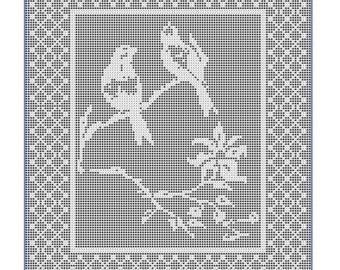 Artículo 59 Patrón de crochet de filete de pájaros chinos con flores, colcha, cortina, mantel, tapiz de pared, afgano, descarga digital en PDF