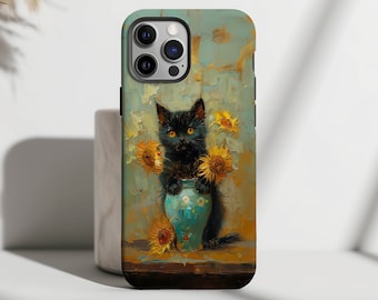 Funda para móvil con diseño de gato negro y girasol / Regalo artístico inspirado en Van Gogh / Compatible con iPhone 17, 16 y 15, Samsung y Pixel.