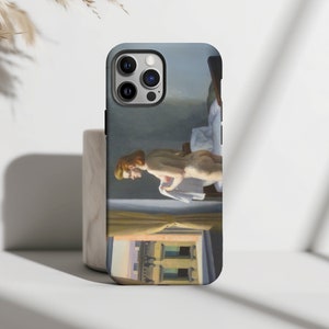 May include: A phone case featuring a painting of a woman standing in a room with a window. The woman is nude and is holding a towel. The window looks out onto a building with a sunset in the background.