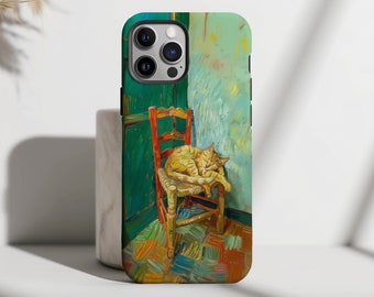 Funda para móvil con diseño de gato en silla de Van Gogh / Pintura al óleo de gato durmiendo / iPhone 17 16 15, Samsung Galaxy, Pixel