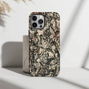 May include: A black phone case with a white and black abstract design. The case has a camera lens cutout and a raised lip around the edges.