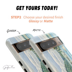 May include: Two phone cases with a watercolor mountain scene. One case is glossy and the other is matte. The text "GET YOURS TODAY!" and "STEP2 Choose your desired finish Glossy or Matte" is above the cases.