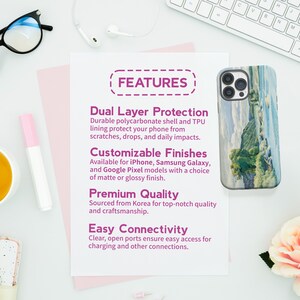 May include: A phone case with a watercolor-style design of a beach scene. The case features a dual layer design for protection, customizable finishes, and premium quality. The text "FEATURES" is at the top of the image.