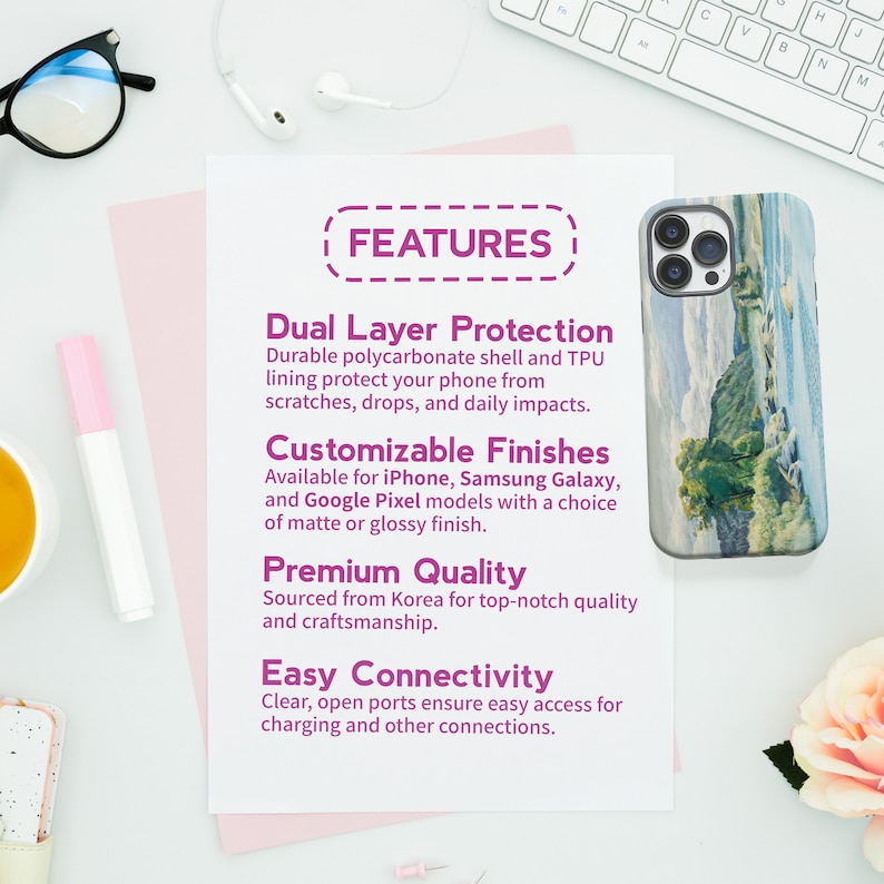 May include: A phone case with a watercolor-style design of a beach scene. The case features a dual layer design for protection, customizable finishes, and premium quality. The text "FEATURES" is at the top of the image.