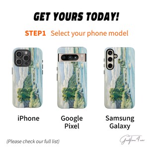 May include: Three phone cases with a scenic landscape image. The cases are for iPhone, Google Pixel, and Samsung Galaxy phones. The image shows a mountain, trees, and water. The text "GET YOURS TODAY!" and "STEP1 Select your phone model" is at the top of the image.