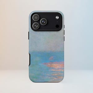May include: A phone case displaying an impressionistic seascape painting. The artwork shows a blue and turquoise ocean beneath a pale sky, with a bright orange and yellow reflection of the sun on the water. The case has a black border and camera housing.