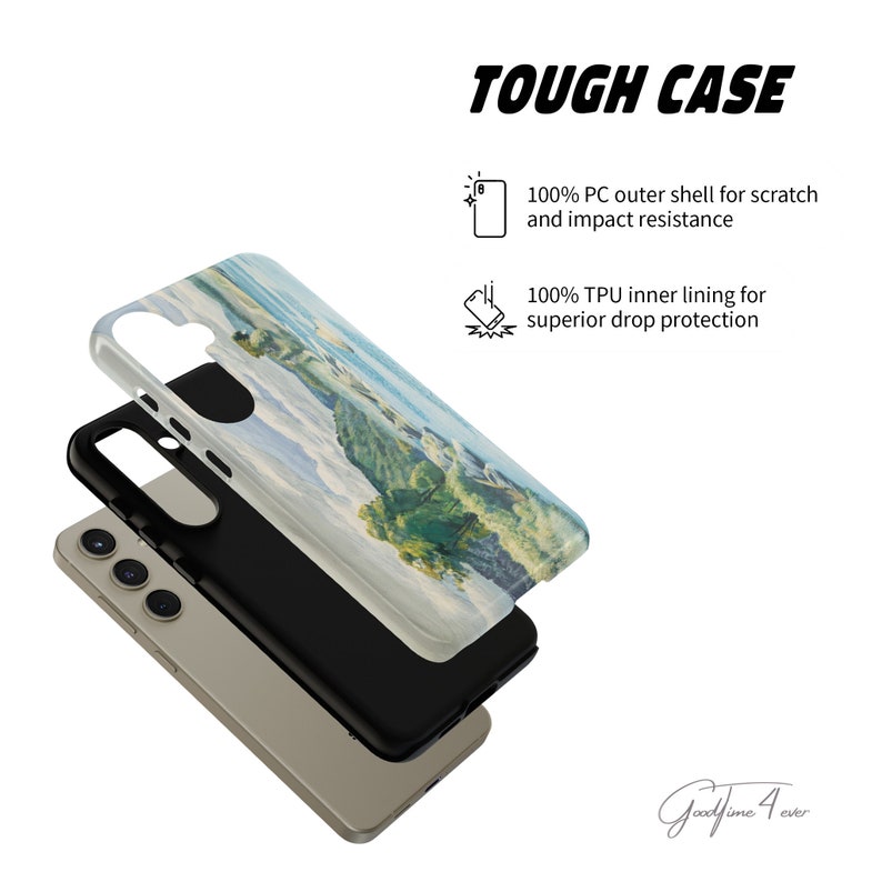 May include: A tough phone case with a scenic landscape image. The case is made of a durable PC outer shell and a TPU inner lining for drop protection. The text "TOUGH CASE" is displayed at the top of the image. The text "Good Time 4 Ever" is displayed at the bottom of the image.
