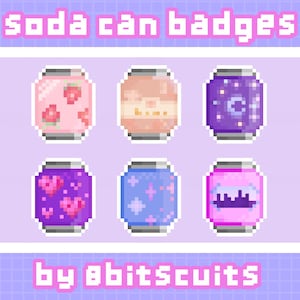 Peut inclure: Six badges en pixel art représentant des canettes de soda avec différents motifs. Les canettes sont violettes, roses et bleues avec divers motifs, notamment des cœurs, des étoiles et des lunes. Le texte "by obitscuits" est situé sous les canettes.