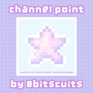 Könnte beinhalten: Ein Pixel-Art-Bild eines rosa Sterns auf hellblauem Hintergrund. Das Bild ist mit "channel point" und "by obitscuits" beschriftet.